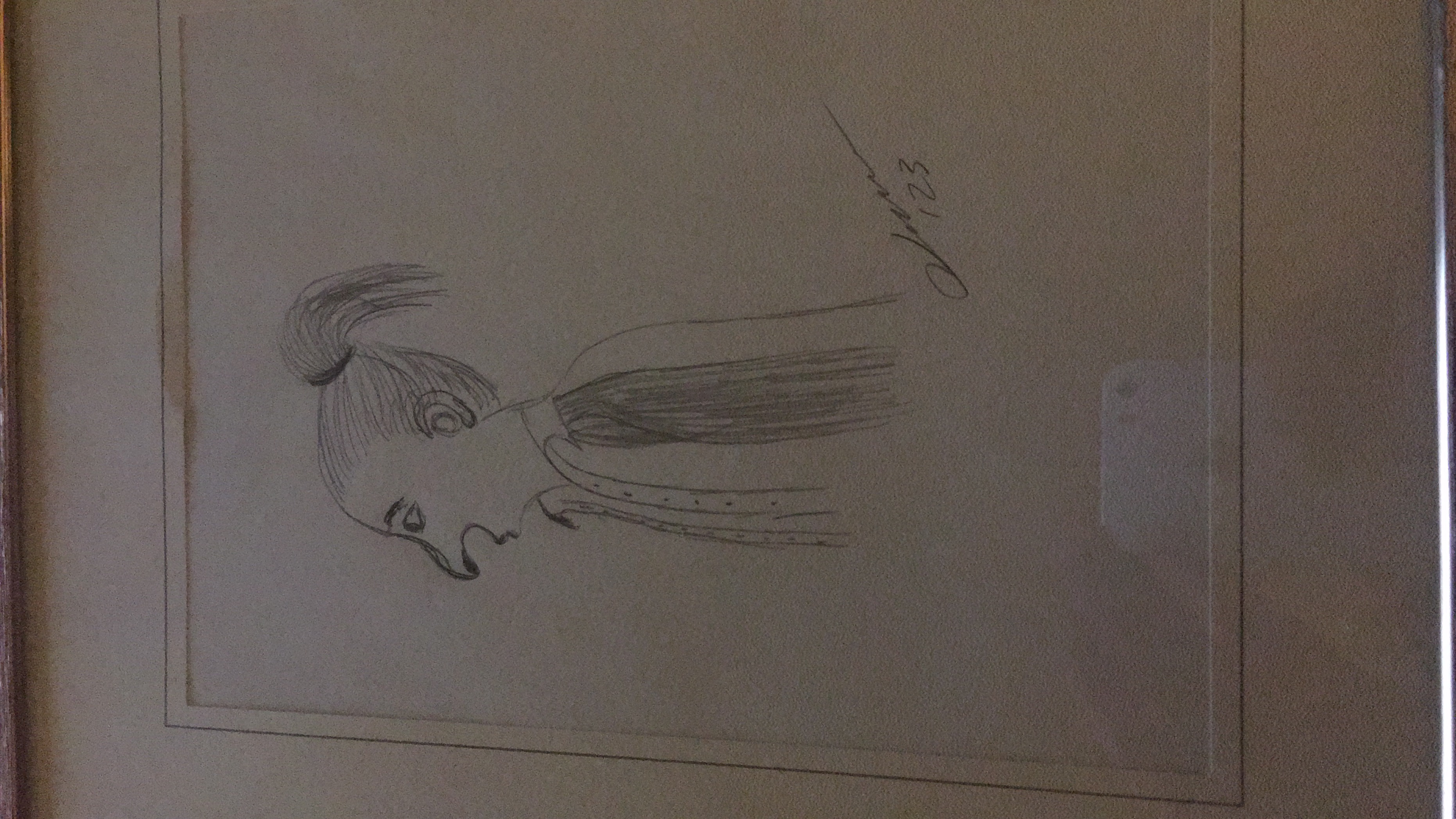 A graphite pencil sketch depicts the profile of a person with a large nose and a ponytail, wearing a collared garment.